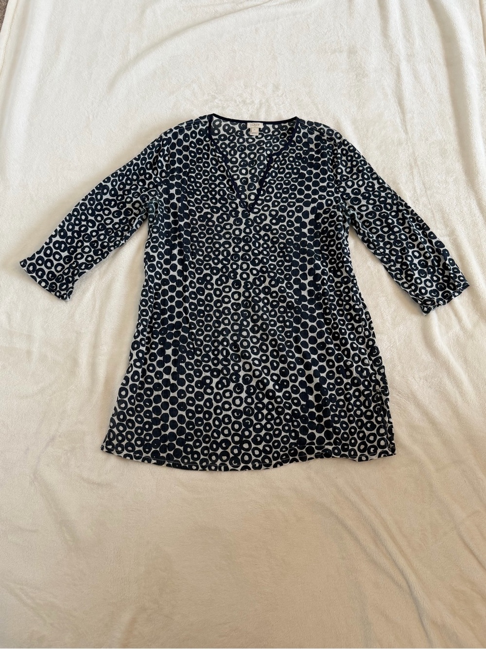 J. Crew Navy and White Dot V-Neck Tunic Swim Cover Up